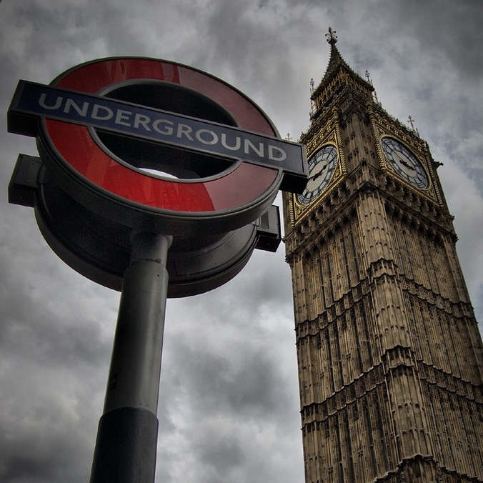 Tube Station Sign and Big Ben, London.